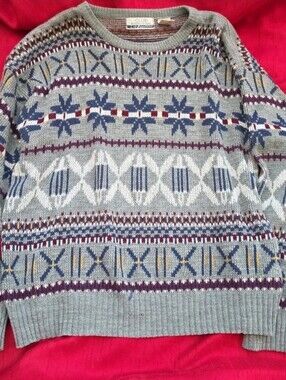Vintage Club International Sweater Mens L Grandpa Gray Burgundy 90s Knit Cabin